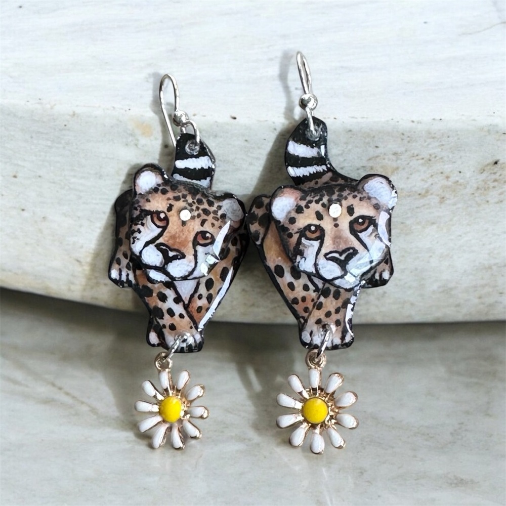 Tiny Cheetah earrings hand Painted with Daisy, charm sterling wires